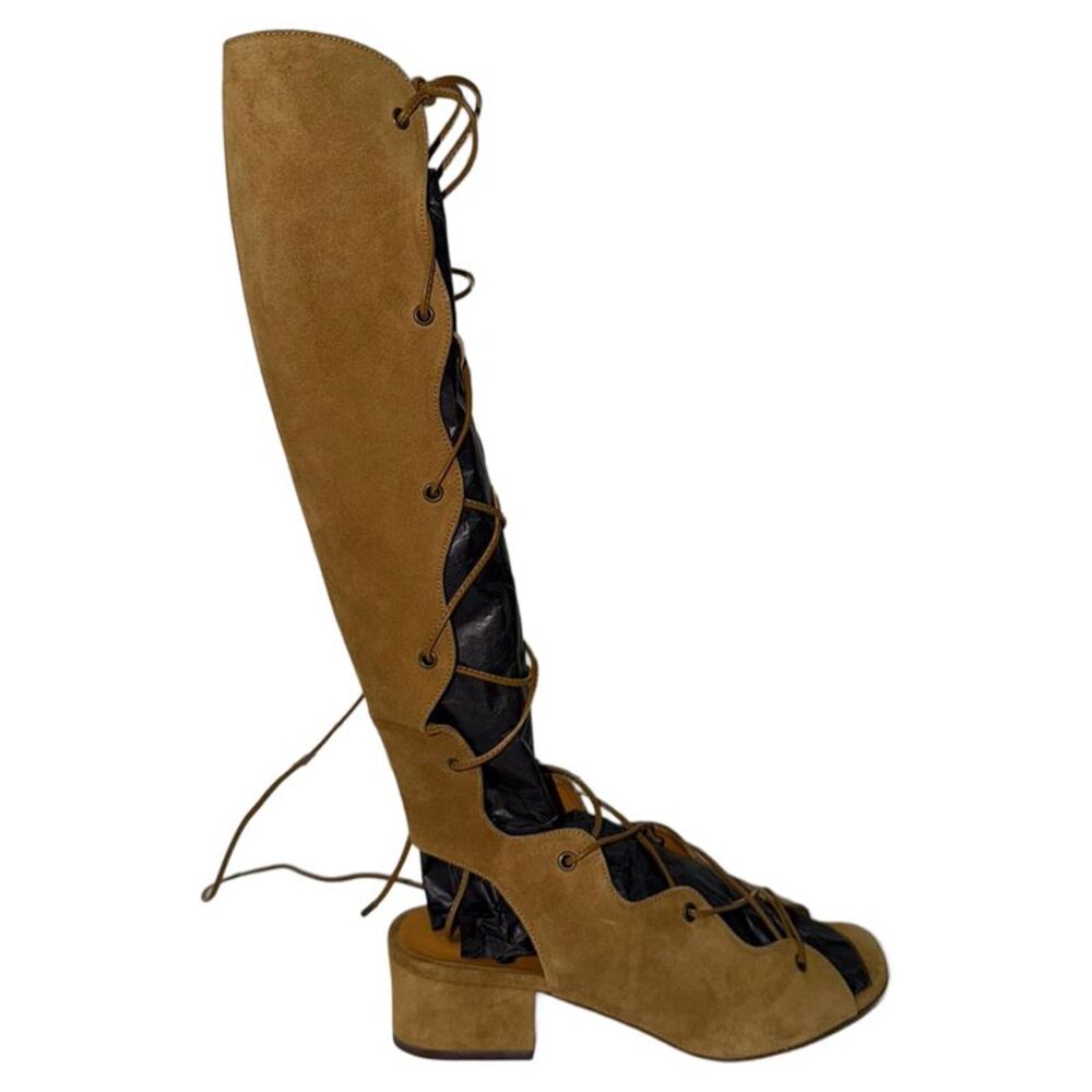 Saint Laurent Babies Tall Gladiator Lace-Up Sandals in Beige Suede